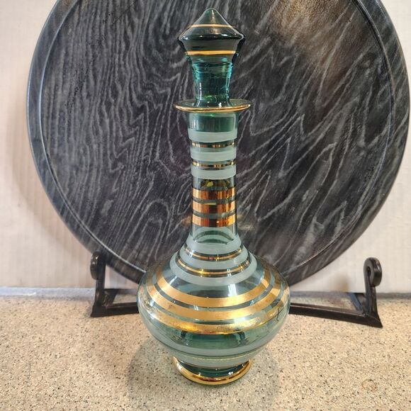 Elegant Green and Gold Striped Glass Decanter - Picture 1 of 6